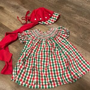 The smocking bug Christmas plaid dress with bonnet 6 mo